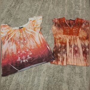 Set of two blouses in vibrant orange and red.